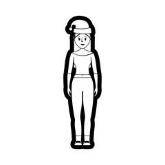 flat line monochromatic woman with santa hat over white background  vector illustration
