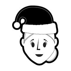 flat line monochromatic woman with santa hat over white background  vector illustration