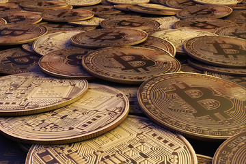 Golden Bitcoins. New virtual money. 3d rendering.