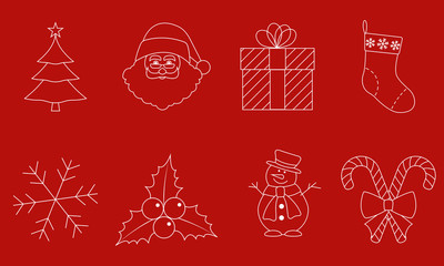 Christmas line icon set with Santa Claus, snowman, Christmas tree, gift box. Xmas decoration element. Vector illustration.