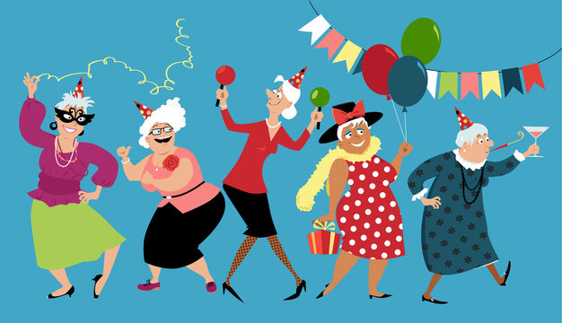 Mature ladies celebrate birthday or other holiday together, EPS 8 vector illustration