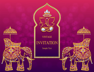 Wedding Invitation card templates with gold Elephant patterned and crystals on paper color.
