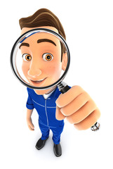 3d mechanic looking into a magnifying glass - obrazy, fototapety, plakaty