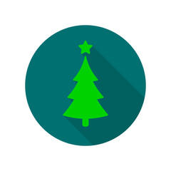 Christmas tree icon with long shadow. Vector green festive illustration in flat design