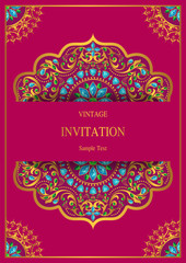Wedding Invitation card templates with gold patterned and crystals on background color. 