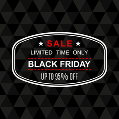 95% off. Black Friday discount banner. Sale tag or stamp. Special offer, flyer, promo design element. Vector illustration.