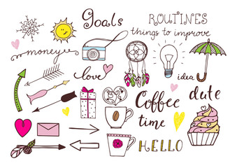 Hand drawn doodle set for notebook or bullet journal.