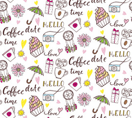 Seamless pattern with doodles and hearts.