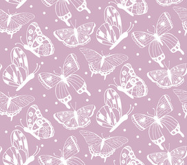 Seamless pattern with white hand drawn butterflies.