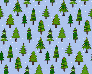 Seamless pattern with colorful doodle Christmas trees.