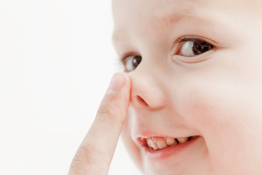 Tender Lips And Nose And Finger Of A Child Wake Up, Closeup