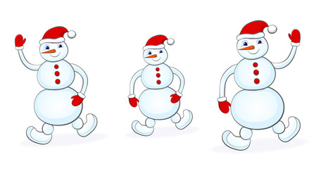 Snowmans set on white background. Vector illustration.