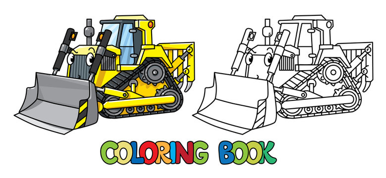 Funny small bulldozer with eyes. Coloring book