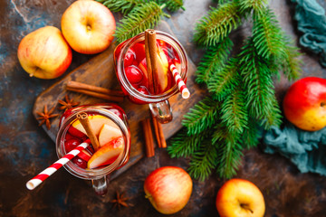 Glasses with hot punch for winter. Mulled wine