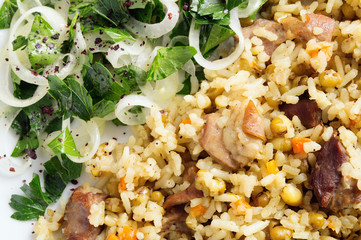 mung rice pilaf with mutton and onion salad