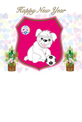 サッカーボールとかわいい犬のイラストのピンクの年賀状テンプレート戌年２０１８