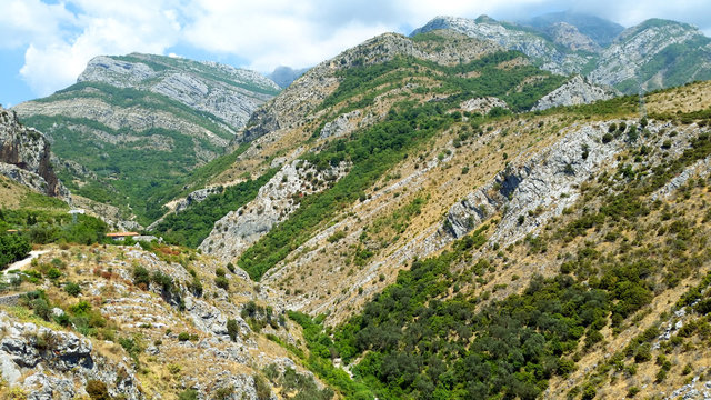 Green mountain, rocks and grass