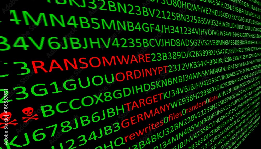 Aufkleber illustration of ordinypt ransomware. black screen with a green text random data been rewrites by ord