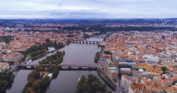Aerial view of Prague city and River Vitava, Czech Republic