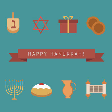 Hanukkah holiday flat design icons set with text in english "Happy Hanukkah"