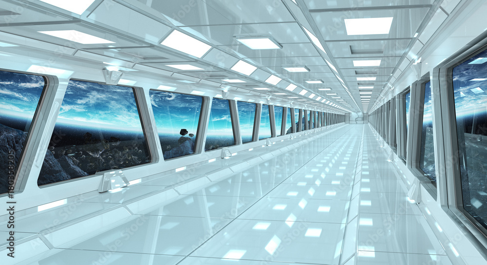 Poster spaceship corridor with view on the planet earth 3d rendering elements of this image furnished by na