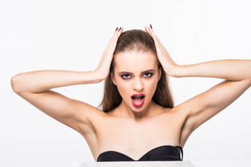 Obraz premium Beauty Fashion surprised Woman portrait. Beautiful model girl with perfect make up exited, screaming and open and mouth. Headshot. Emotions. Isolated on a white background