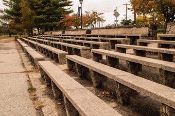 Old stone bleachers in a park setting