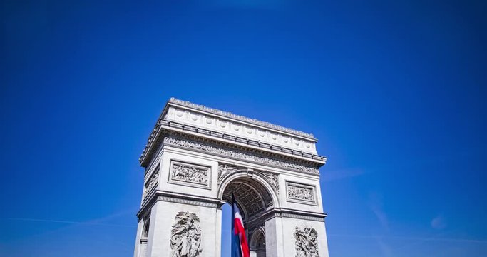 Time-lapse Arc de Triomphe Champs Elysees Etoile, Paris, France (Panoramic, 4K, Color Graded)