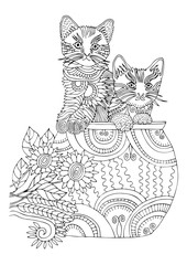Hand drawn two kittens in vase. Sketch for anti-stress adult coloring book in zen-tangle style. Vector illustration for coloring page.