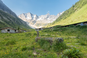 Almlandschaft mit Berghütten und Holzbrunnen