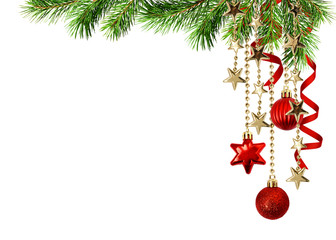 Christmas corner arrangement with green pine twigs hanging red decorations and silk twisted ribbons