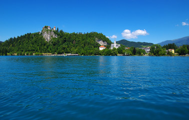 Fototapeta na wymiar Landscape Lake Bled and mountains