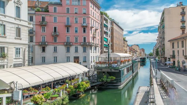 The Naviglio Grande canal waterway timelapse in Milan, Italy.
