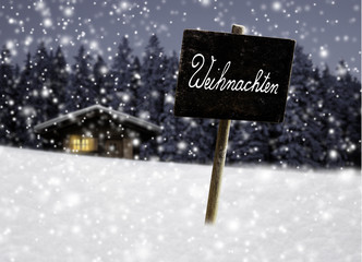 Schild Weihnachten im Winterwald
