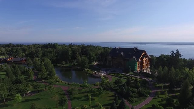 The "Khonka" house in Mezhigirya in Novi Petrivtsi, Ukraine. It is former residence of ex-president Yanukovich, now open to the public excursions. Aerial Dro