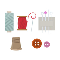 Threads, needles, thimble and buttons, cartoon illustration of accessories for sewing. Vector