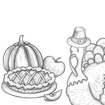 Traditional Thanksgiving day food, sketch illustration Vector