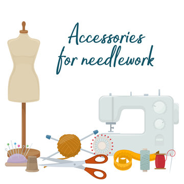 Set of tools for needlework and sewing. Handmade equipment and needlework accessoriesy, cartoon illustration. Vector