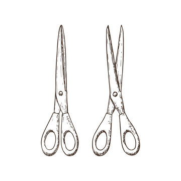 Set of scissors, sketch illustration of accessories for handicrafts. Vector
