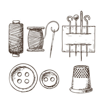 Threads, needles, thimble and buttons, sketch illustration of accessories for sewing. Vector