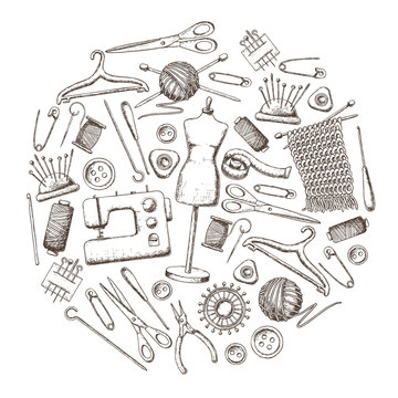 Set of tools for needlework and sewing. Handmade equipment and needlework accessoriesy, sketch illustration. Vector