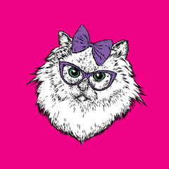 A beautiful cat in a bow and glasses. Funny kitten. Vector illustration. Fashion, style, clothing and accessories.