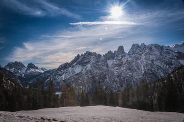 Awesome sunny winter view of Mount Cristallo, Dolomites, Veneto, Italy