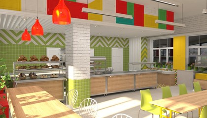 Interior of the school children's canteen. 3D visualization of dining room for schoolchildren.