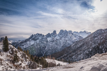 Fototapeta na wymiar Awesome sunny winter view of Mount Cristallo crests, Dolomites, Veneto, Italy