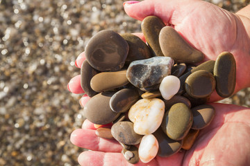 Sea stones in hands on the beach in the summer
