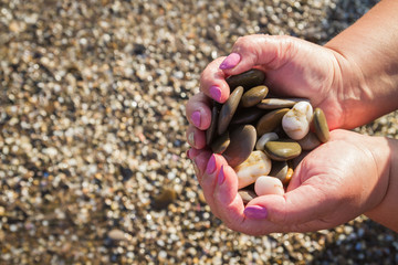 Sea stones in hands on the beach in the summer