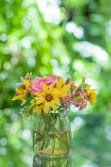 Various flowers rose cosmos in bottle with nice bokeh background, interior