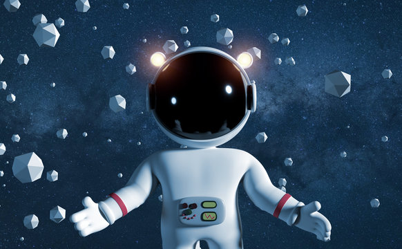 cute cartoon character astronaut in white space suit floating between geometric objects in front of the stars 
