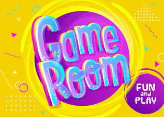 Game Room Vector Banner in Cartoon Style. Bright Yellow Funny Background for Children's Playroom Decoration. Symbol for Playroom. Colorful Illustration with Childish Pattern.